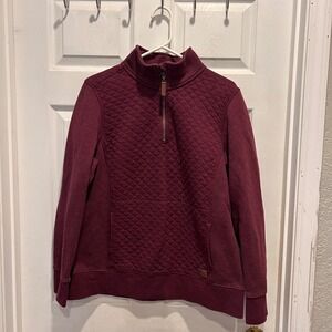 LL Bean Womens Burgundy Quilted Quarter Zip Pullover Sweatshirt Large Cabincore